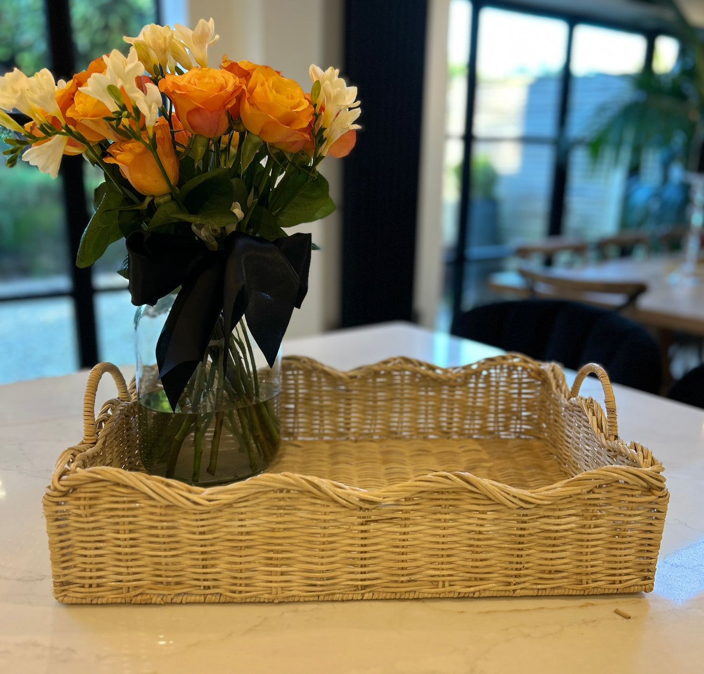 Large Scalloped Rattan Tray