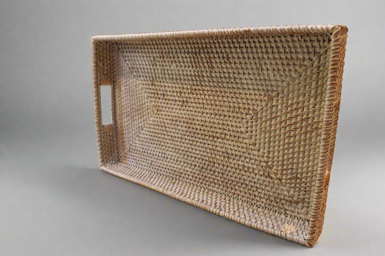 Medium White Washed Rattan Tray